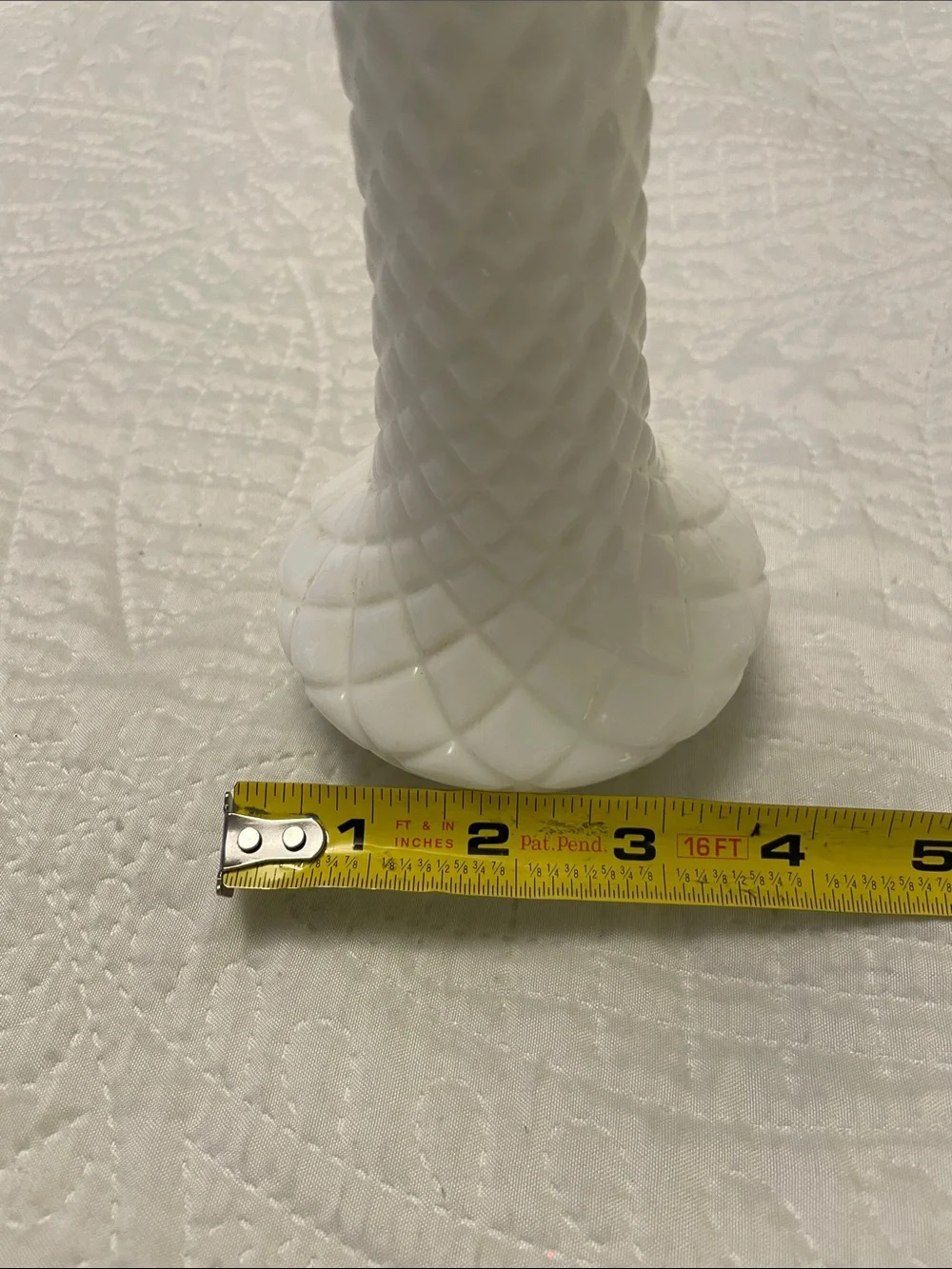 Vintage White Milk Glass Bud or Flower Vase Classic Diamond Quilted Pattern 9”H